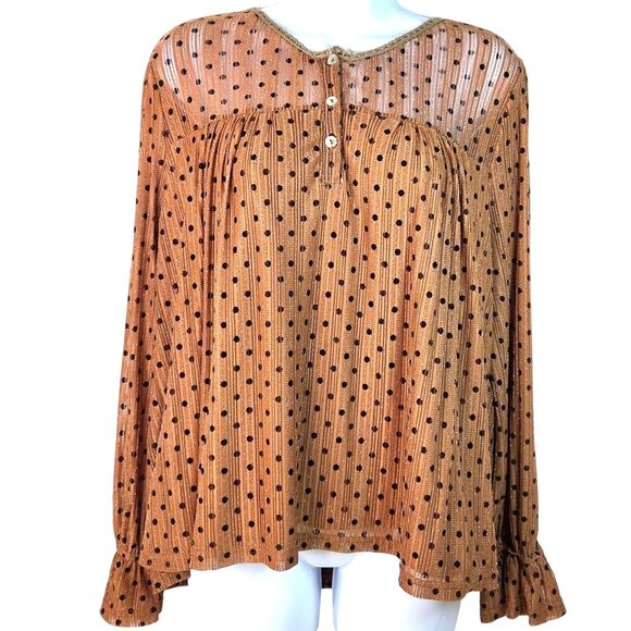 Lauren Hansen Tops - Lauren Hansen Metallic Polka Dot Sheer Blouse L Brown/Black Long Sleeve Babydoll